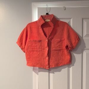 Vibrant Coral Women's Cropped Button-Down Shirt